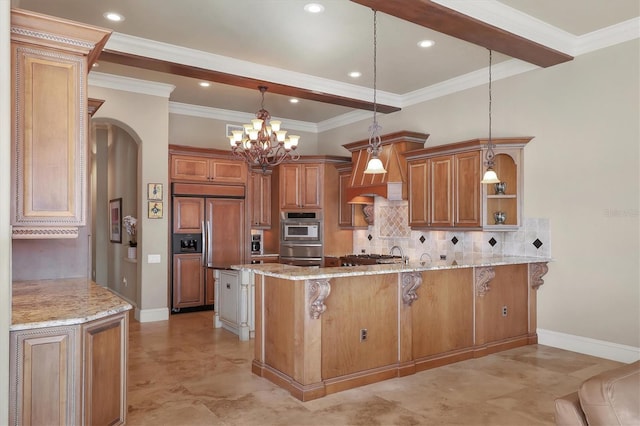 kitchen with a kitchen breakfast bar, kitchen peninsula, paneled fridge, pendant lighting, and light stone countertops