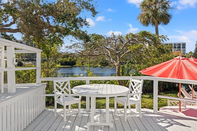 wooden deck with a water view