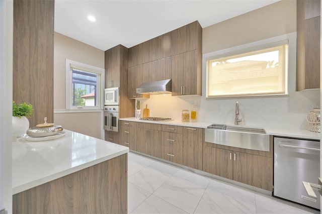 kitchen featuring appliances with stainless steel finishes, ventilation hood, sink, and backsplash