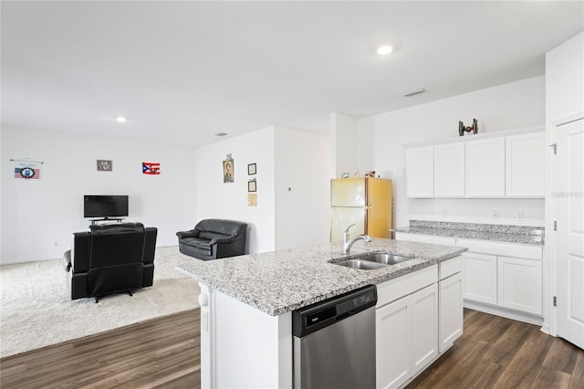 kitchen featuring white cabinetry, dishwasher, fridge, and sink