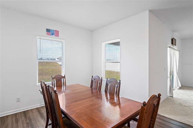 dining space with dark hardwood / wood-style flooring