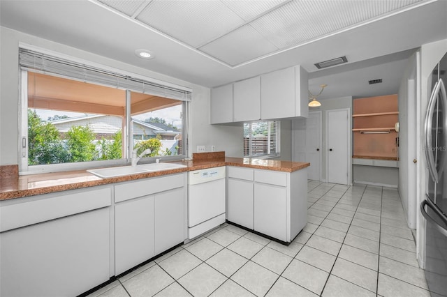 kitchen featuring white cabinetry, dishwasher, sink, and kitchen peninsula