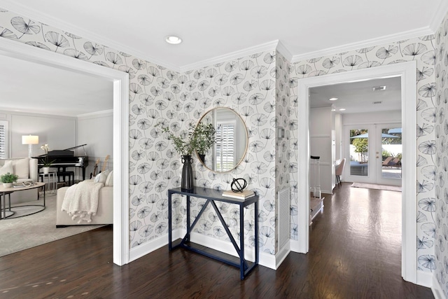 hall with crown molding, dark hardwood / wood-style flooring, and french doors