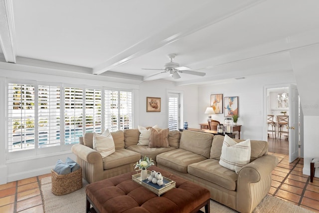 tiled living room featuring ceiling fan and beamed ceiling