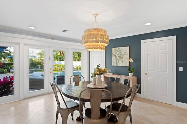 tiled dining room with crown molding