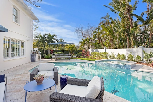 view of pool featuring area for grilling, an outdoor hangout area, a patio, and an in ground hot tub