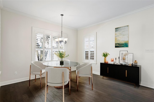 dining area with an inviting chandelier, crown molding, and dark wood-type flooring