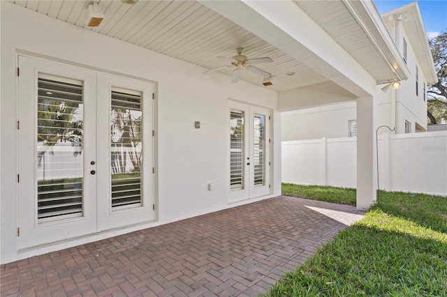 view of patio / terrace featuring french doors and ceiling fan