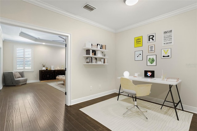 office area featuring crown molding and dark wood-type flooring