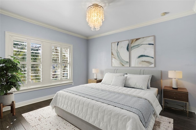 bedroom featuring multiple windows, crown molding, and dark wood-type flooring