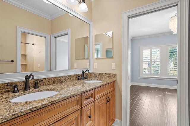 bathroom featuring crown molding, vanity, and wood-type flooring