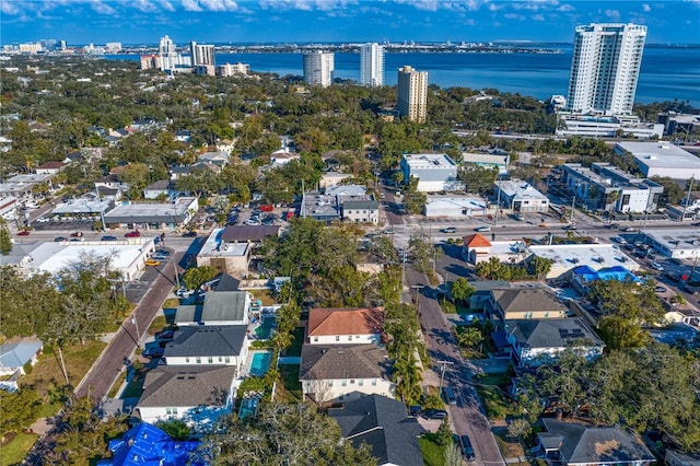 bird's eye view with a water view