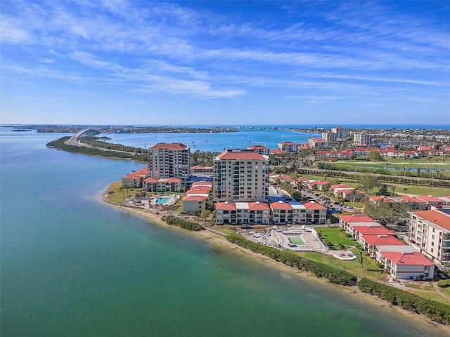 drone / aerial view featuring a water view