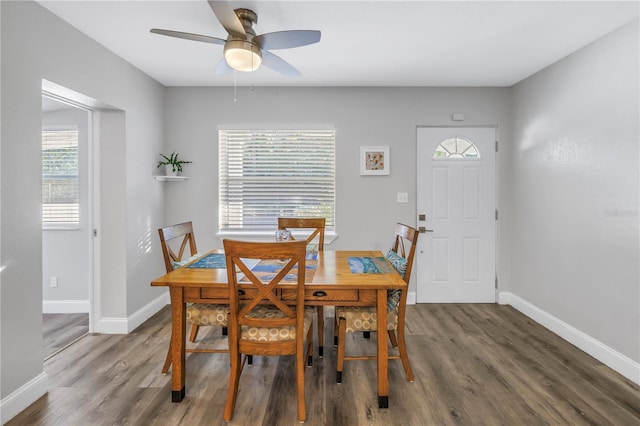 dining space with dark hardwood / wood-style floors and ceiling fan