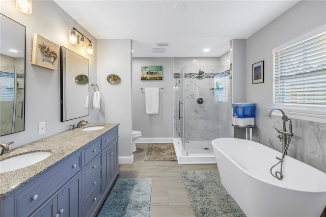 full bathroom with vanity, toilet, and independent shower and bath