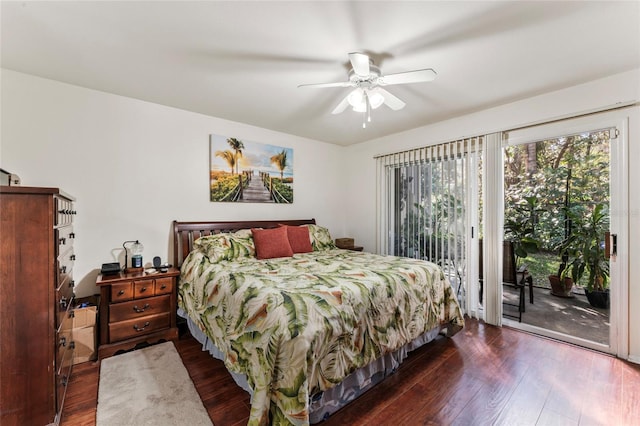 bedroom with dark wood-type flooring, ceiling fan, and access to outside