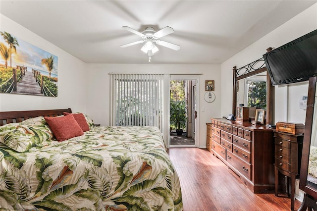 bedroom featuring ceiling fan, access to exterior, and light wood-type flooring