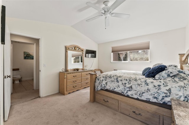 carpeted bedroom with lofted ceiling and ceiling fan