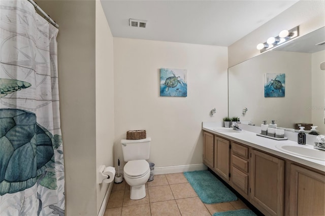 bathroom with vanity, tile patterned floors, toilet, and walk in shower