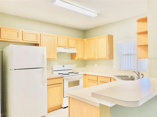 kitchen with sink, white appliances, kitchen peninsula, and light brown cabinets