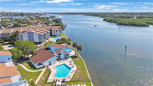 drone / aerial view with a water view