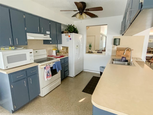 kitchen featuring blue cabinets, ceiling fan, sink, and white appliances