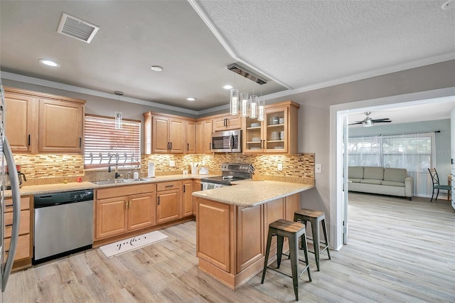 kitchen with sink, kitchen peninsula, appliances with stainless steel finishes, and a kitchen breakfast bar