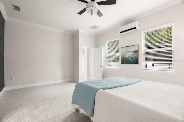 carpeted bedroom with crown molding, an AC wall unit, and ceiling fan