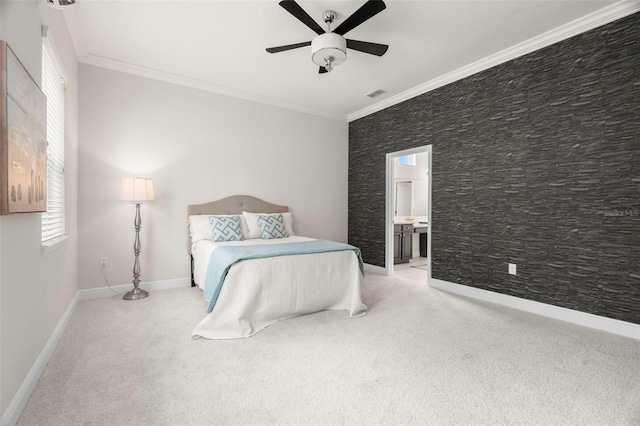 bedroom featuring multiple windows, crown molding, light colored carpet, and ceiling fan