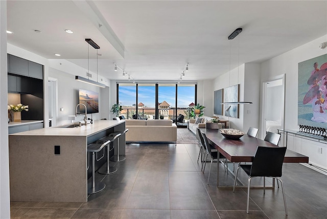 kitchen featuring rail lighting, sink, decorative light fixtures, an island with sink, and expansive windows