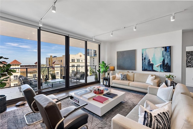 living room featuring track lighting and floor to ceiling windows