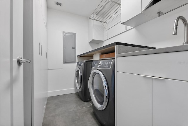 laundry room with electric panel and washing machine and dryer