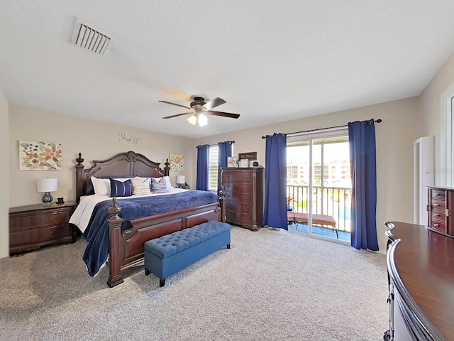 bedroom featuring ceiling fan, light carpet, and access to outside