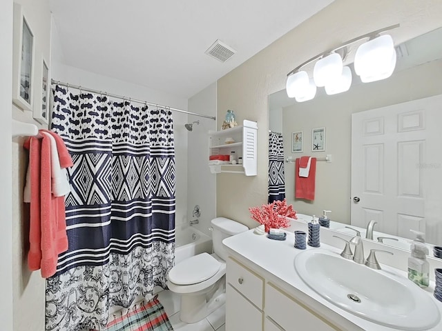 full bathroom featuring vanity, shower / bathtub combination with curtain, tile patterned floors, and toilet