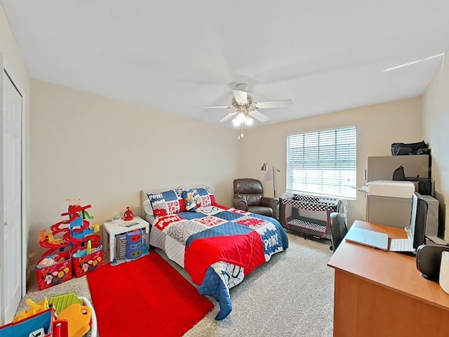 bedroom with carpet floors and ceiling fan