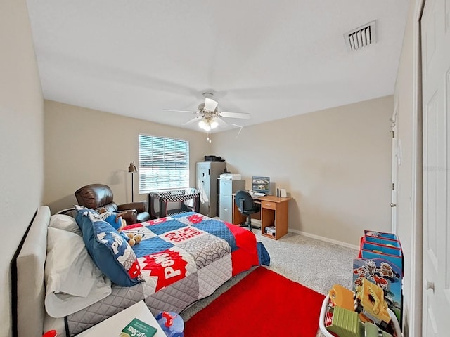 carpeted bedroom with ceiling fan