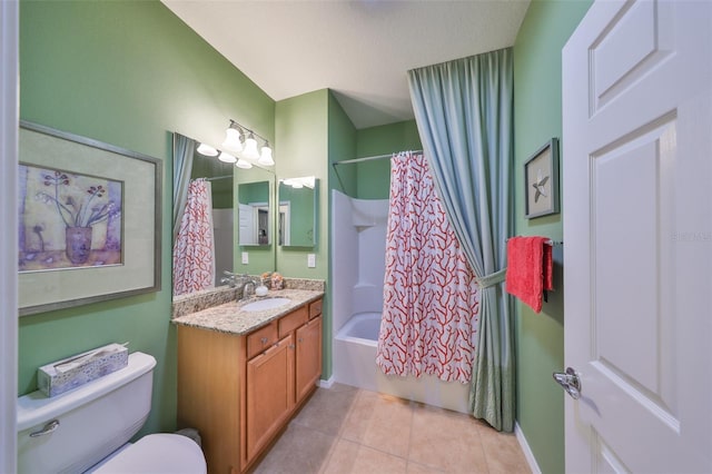 full bathroom with toilet, tile patterned floors, shower / bathtub combination with curtain, and vanity