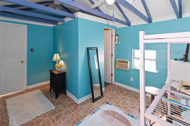 interior space featuring a wall mounted air conditioner and vaulted ceiling with beams