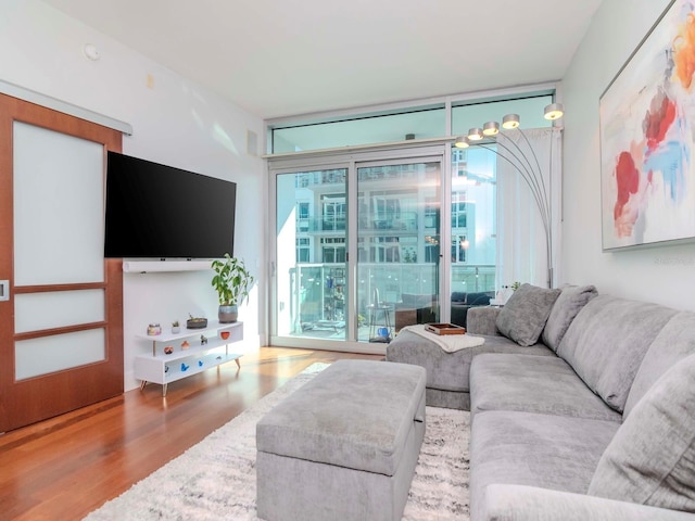 living room featuring wood-type flooring and a wall of windows