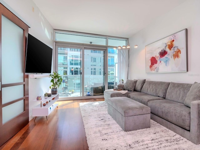 living room featuring wood-type flooring and expansive windows