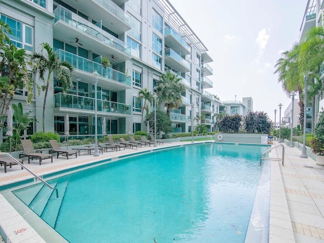 view of swimming pool featuring a patio area