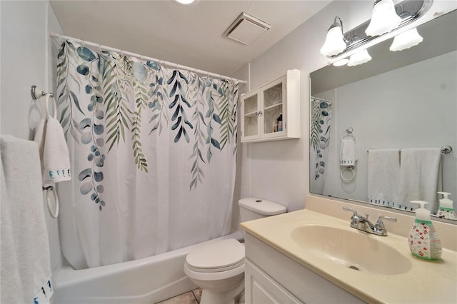 full bathroom with vanity, shower / bath combo, tile patterned floors, and toilet