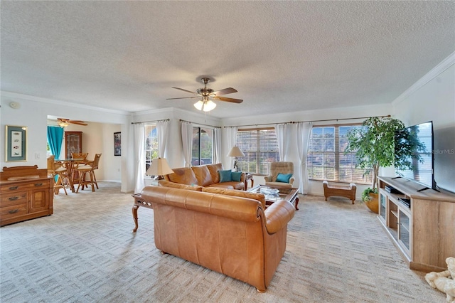 carpeted living room featuring ornamental molding, a textured ceiling, and ceiling fan