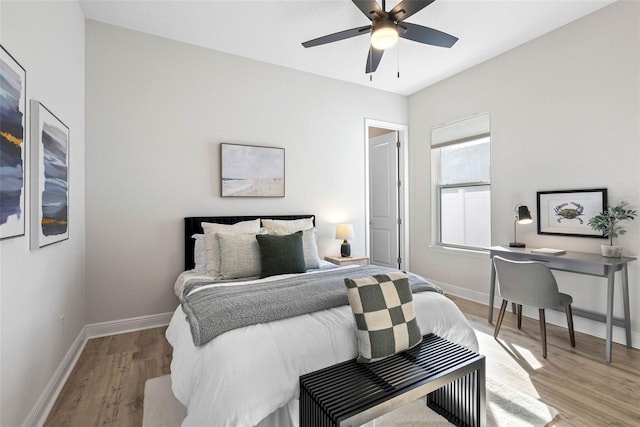 bedroom with ceiling fan and light wood-type flooring