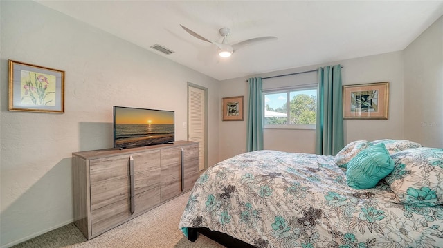 carpeted bedroom with ceiling fan