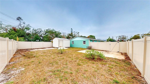 view of yard with a patio and a shed