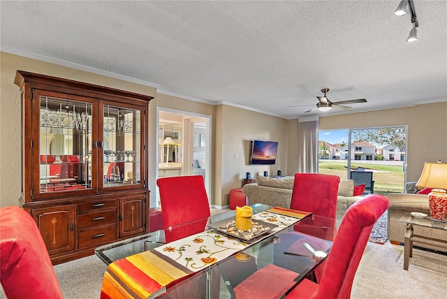 carpeted dining space with crown molding, rail lighting, ceiling fan, and a textured ceiling