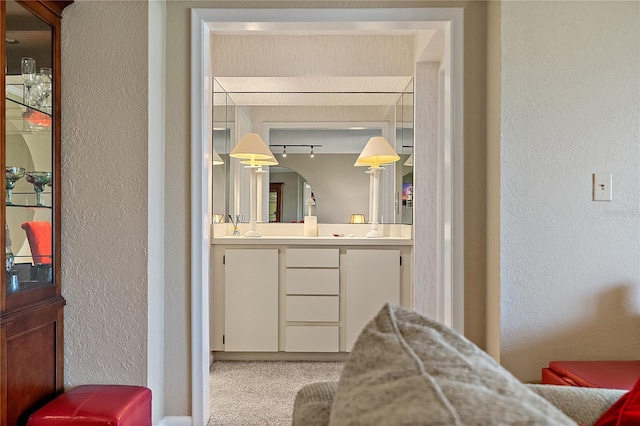 bathroom featuring track lighting and vanity