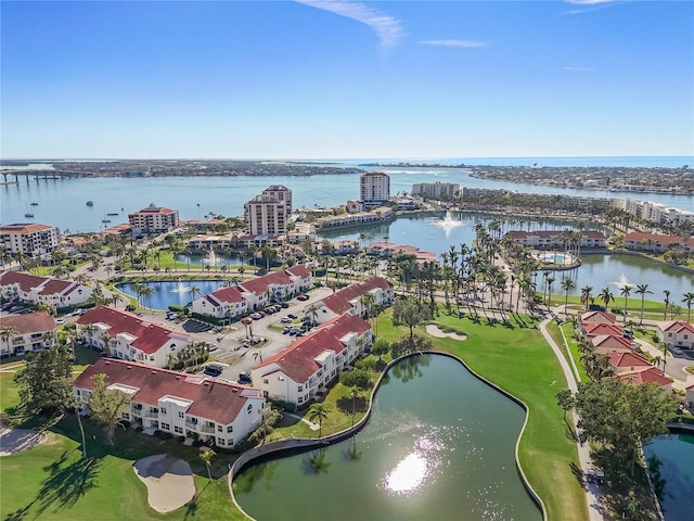 drone / aerial view with a water view