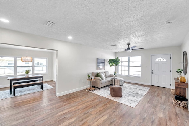 living room featuring light hardwood / wood-style flooring, a textured ceiling, and plenty of natural light